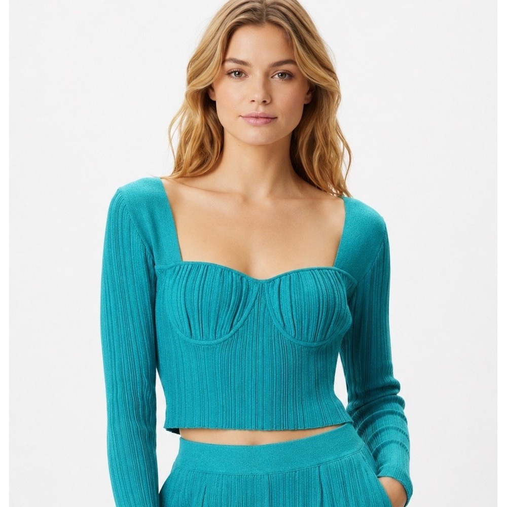 Harve Leger Ribbed Sweetheart Top Sz M Aqua Green Long Sleeve Fitted Knit $690